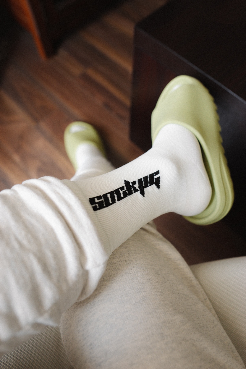Sockjig Socks with jjjjound trackpants and Yeezy slides